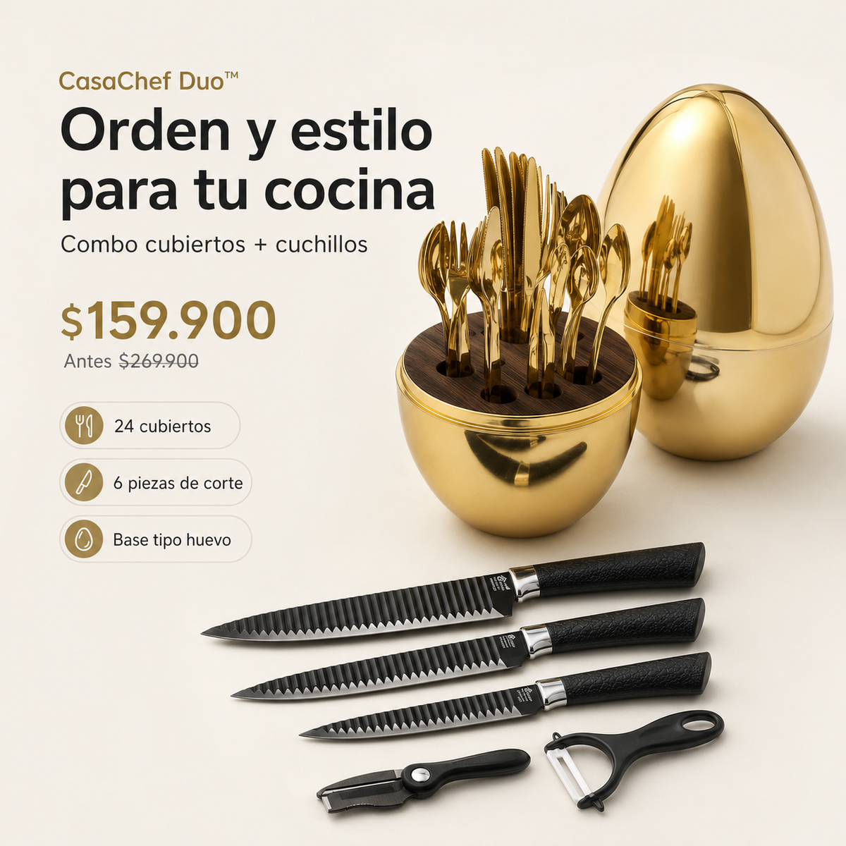 CasaChef Duo™ - Juego de Cubiertos en Base forma de Huevo Mas juego de Cuchillos