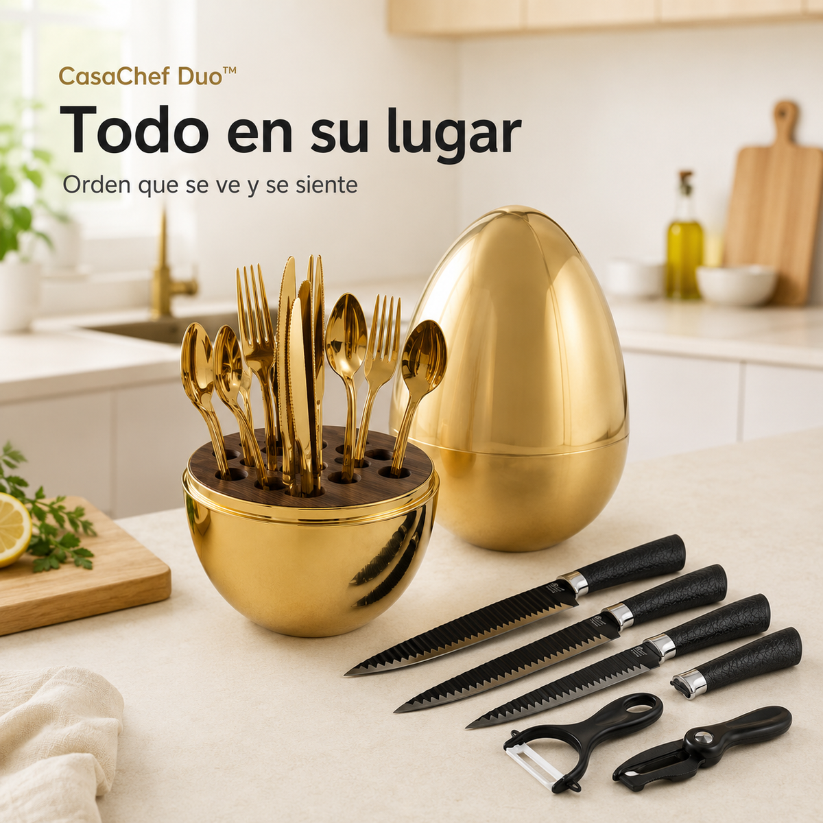 CasaChef Duo™ - Juego de Cubiertos en Base forma de Huevo Mas juego de Cuchillos