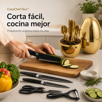 CasaChef Duo™ - Juego de Cubiertos en Base forma de Huevo Mas juego de Cuchillos