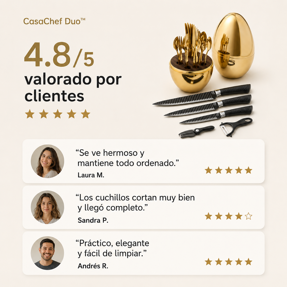CasaChef Duo™ - Juego de Cubiertos en Base forma de Huevo Mas juego de Cuchillos
