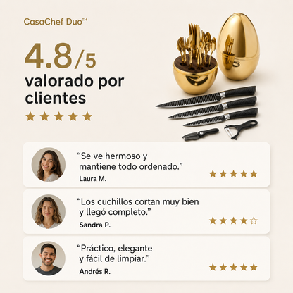 CasaChef Duo™ - Juego de Cubiertos en Base forma de Huevo Mas juego de Cuchillos