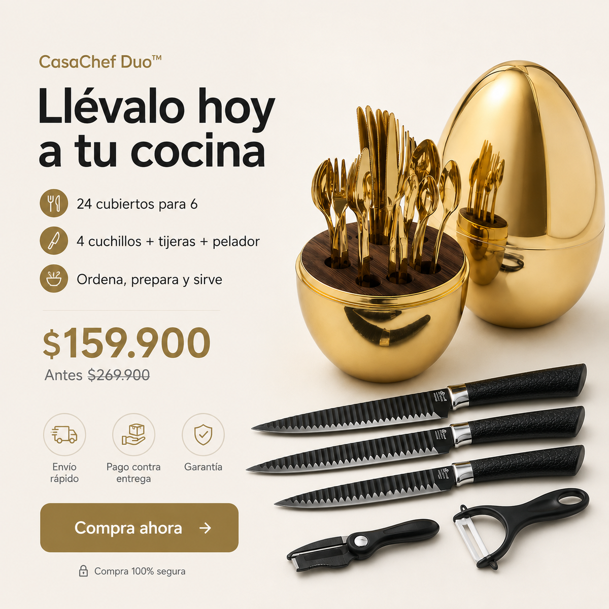 CasaChef Duo™ - Juego de Cubiertos en Base forma de Huevo Mas juego de Cuchillos