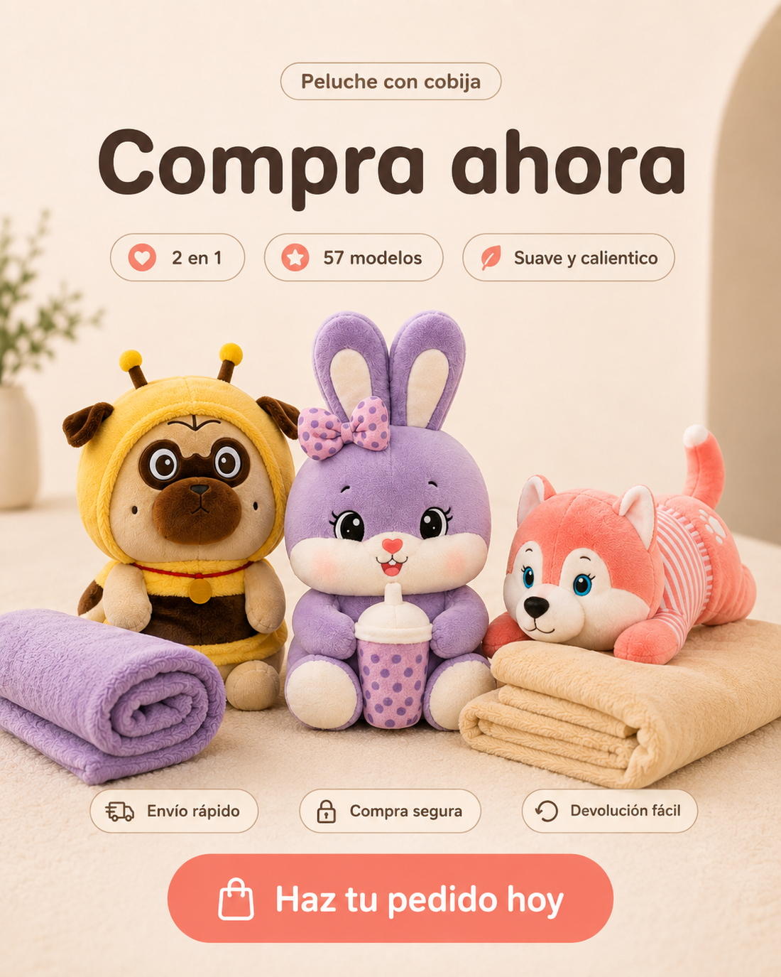 Peluches con cobija Abrazo Mágico 3 en 1